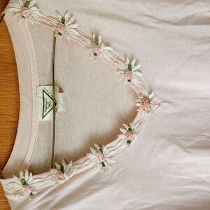 Vintage Pink Embroidered Floral Top w/ V Neck
